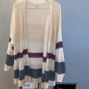 Tan white blue and maroon oversized cardigan